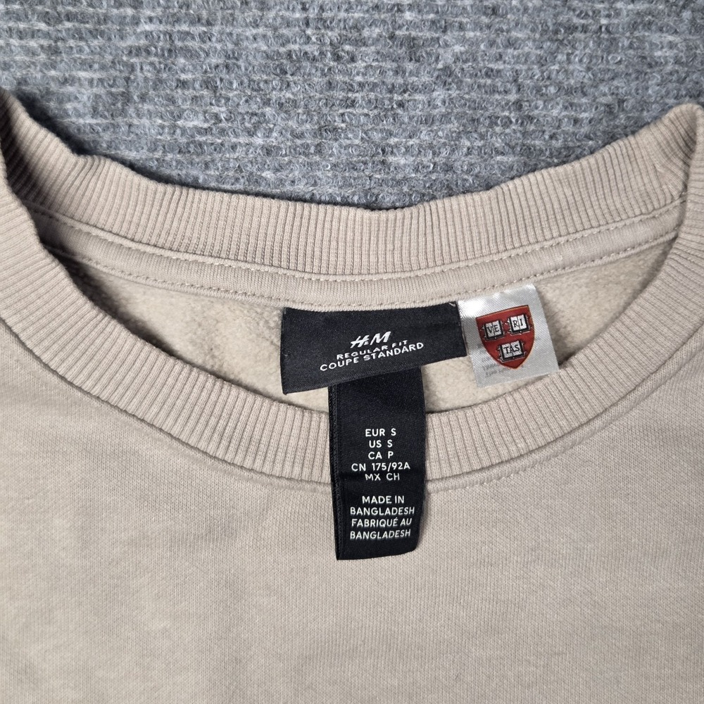Harvard Sweatshirt Mens Small Beige H&M Regular Fit Crewneck Fleece Pullover - Picture 6 of 15